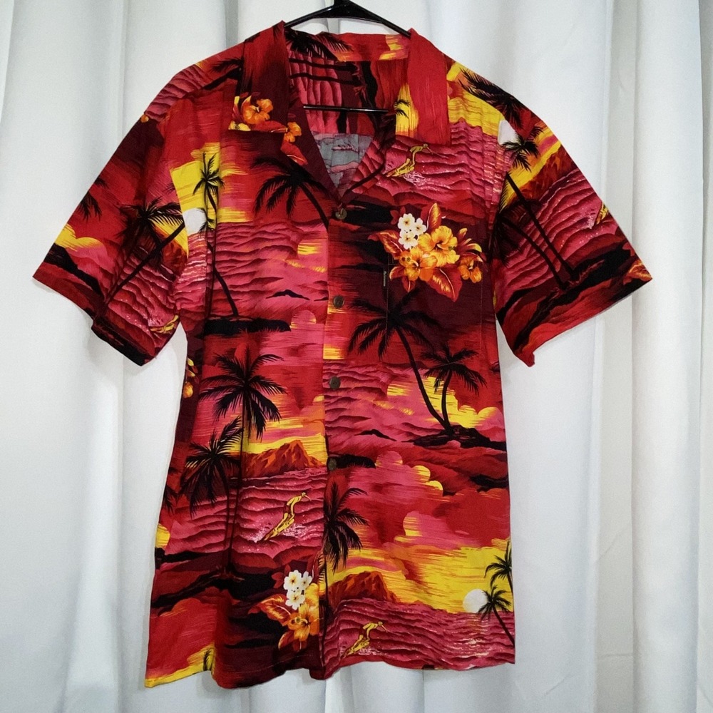 VTG‎ Palmwave Hawaiian Shirt Mens Adult XL Surfer Beach Palms Floral Casual Red